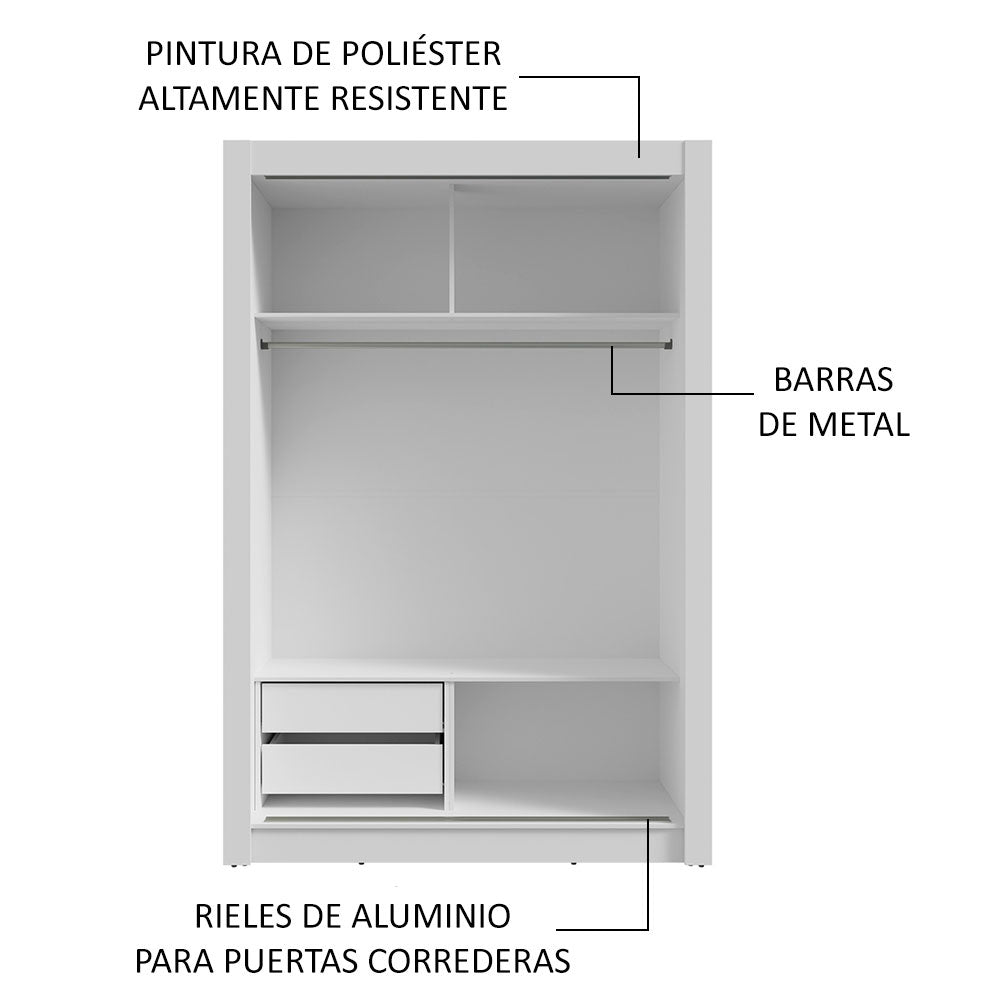 Clóset Soltero 117 cm 2 Puertas Corredizas Con 1 Espejo 2 Cajones Blanco Vivare Madesa
