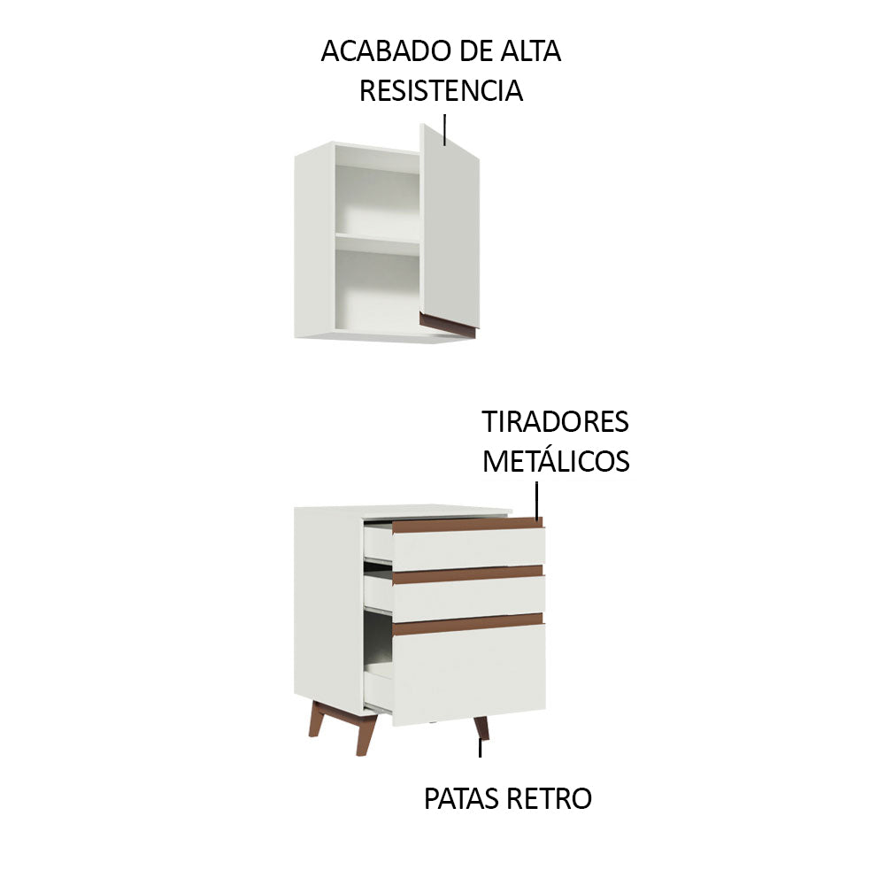 Kit Reims 60 cm con Gabinete Superior y Bajo con 3 Cajones Blanco