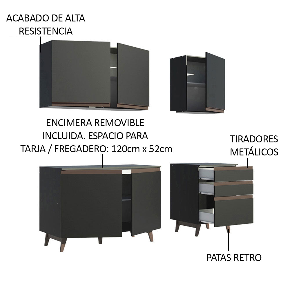 Cocina Compacta 180 x 52 cm 5 Puertas 3 Cajones Negro Reims Madesa