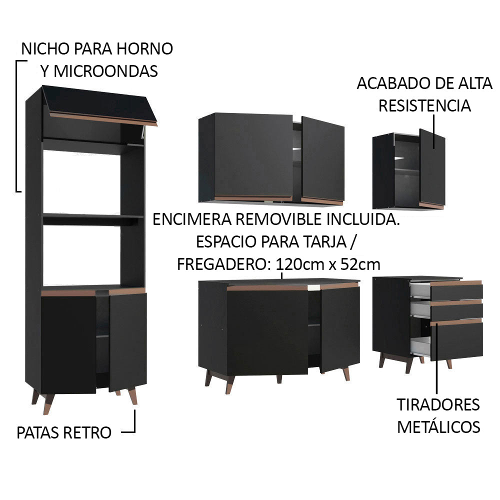 Cocina Compacta 250 cm con Mueble para Horno Negro Reims Madesa