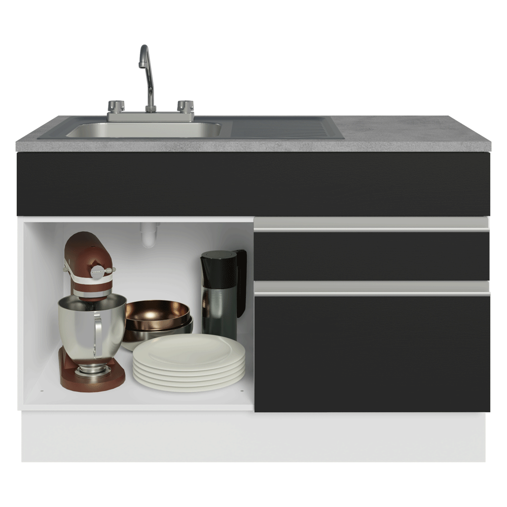 Gabinete Bajo para Fregadero con Accesorios de Cocina 120 cm 1 Puerta 2 Cajones Blanco/Negro Glamy Madesa