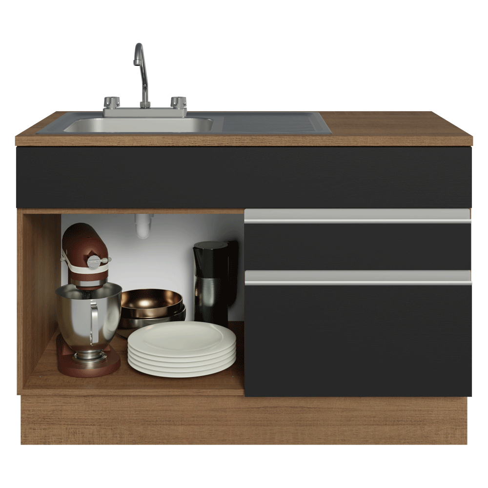 Gabinete Bajo para Fregadero con Accesorios de Cocina 120 cm 1 Puerta 2 Cajones Marrón/Negro Glamy Madesa