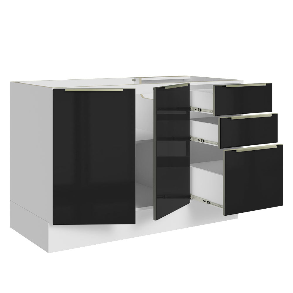 Gabinete Bajo para Fregadero con Accesorios de Cocina 120 cm 2 Puertas 3 Cajones Blanco/Negro Lux Madesa