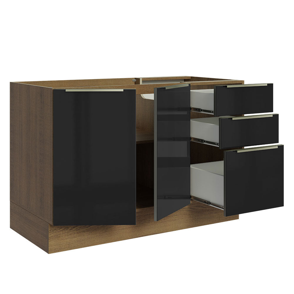 Gabinete Bajo para Fregadero con Accesorios de Cocina 120 cm 2 Puertas 3 Cajones Marrón/Negro Lux Madesa