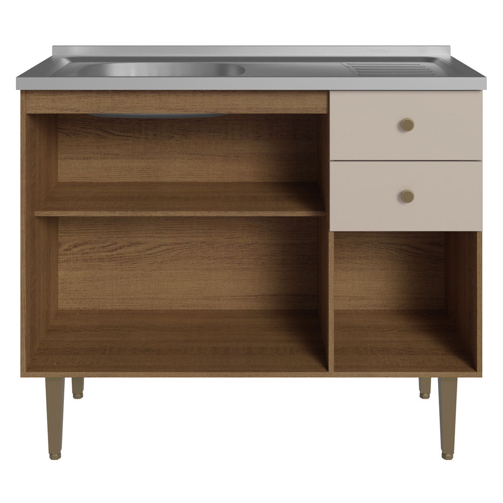 Gabinete Bajo 105 cm 3 Puertas 2 Cajones con Fregadero Marrón/Crema Gourmet Madesa