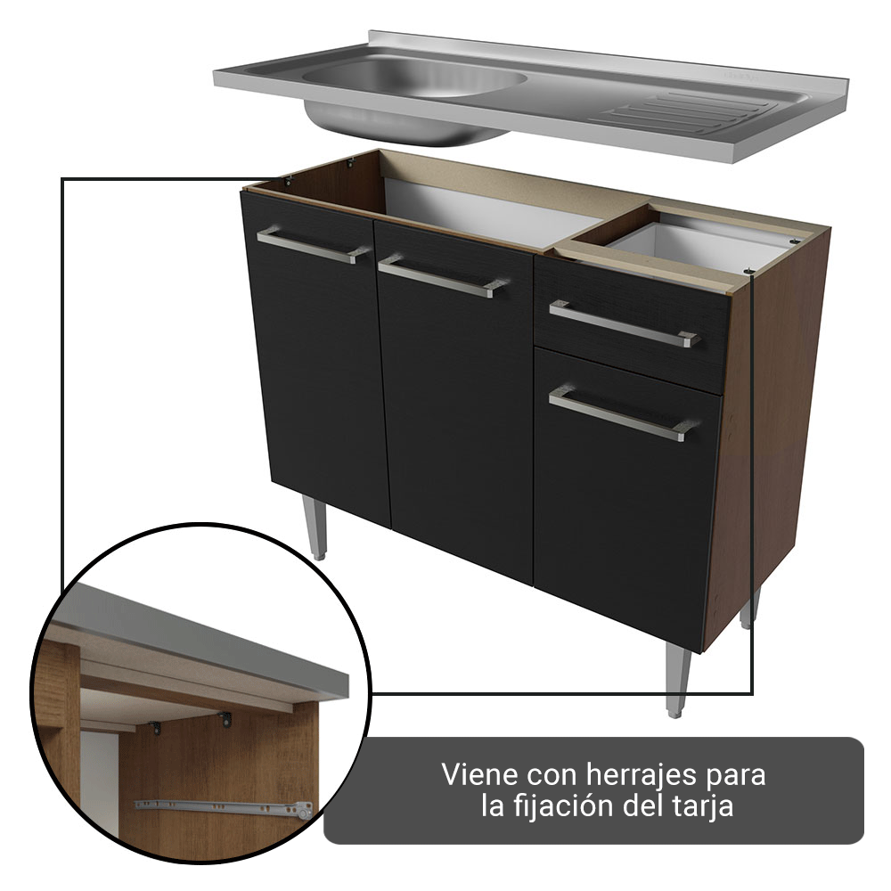 Mueble de Cocina para Fregadero 3 Puertas y 1 Cajón Marrón/Negro Emilly