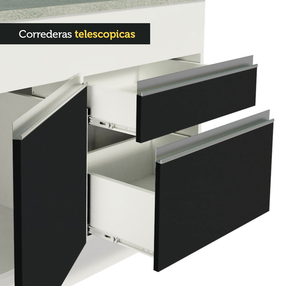 Gabinete Bajo para Fregadero 150 cm 2 Puertas y 2 Cajones (Con Encimera) Glamy Blanco/Negro