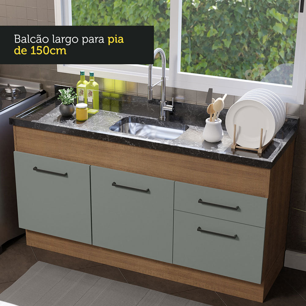 Gabinete Bajo para Fregadero 150 cm 2 Puertas 2 Cajones Sin Encimera Marrón/Gris Agata Madesa
