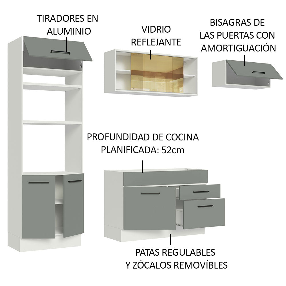Cocina Integral 270 x 52 cm 7 Puertas 2 Cajones Blanco/Gris Agata Madesa 04