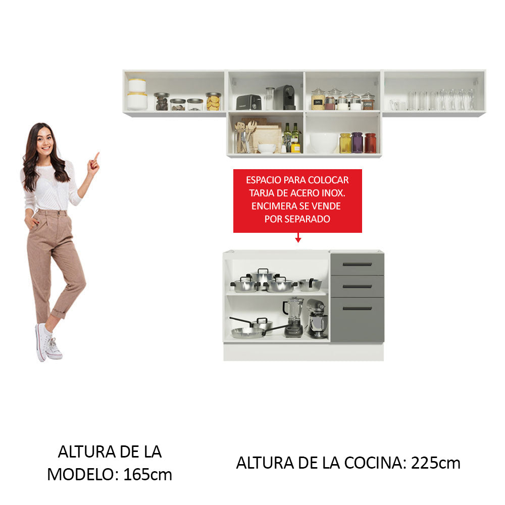 Cocina Integral 280 x 52 cm 5 Puertas 3 Cajones Blanco/Gris Agata Madesa 02