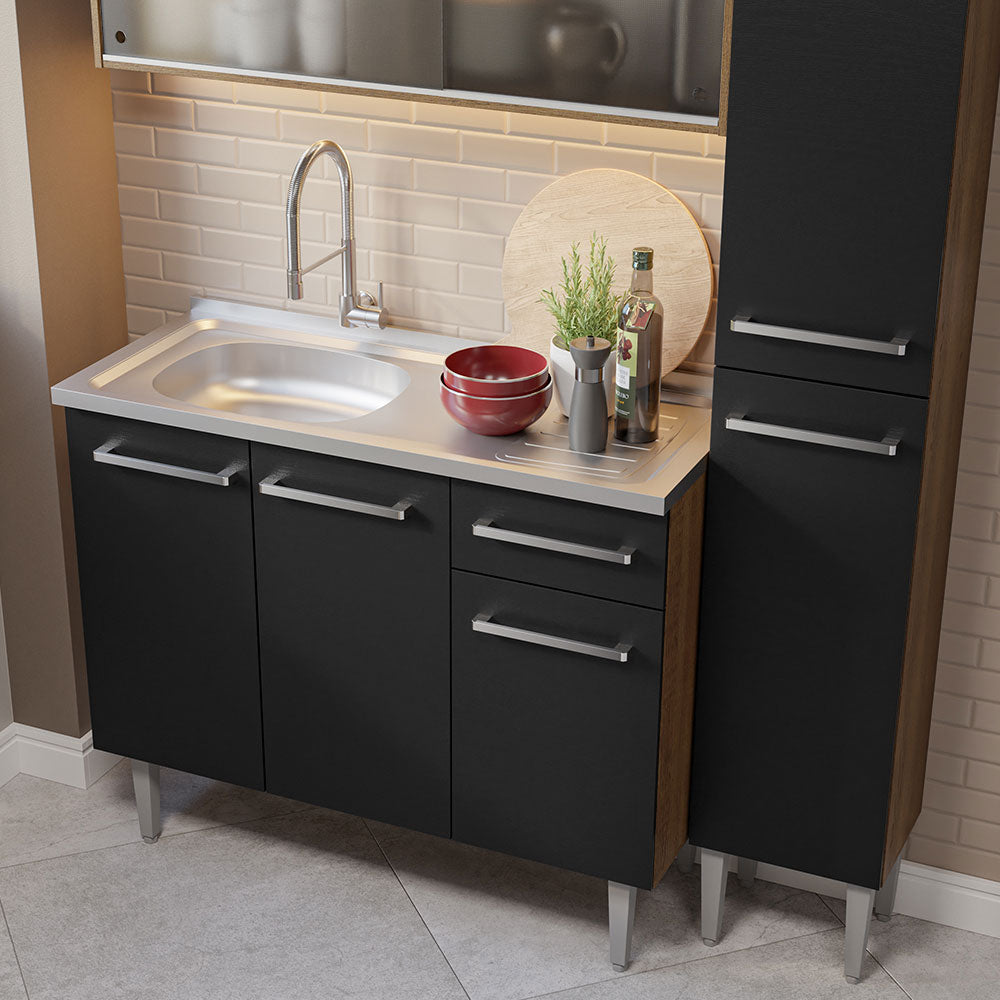Cocina Compacta 137 cm Con Fregadero Marrón/Negro Emilly Madesa