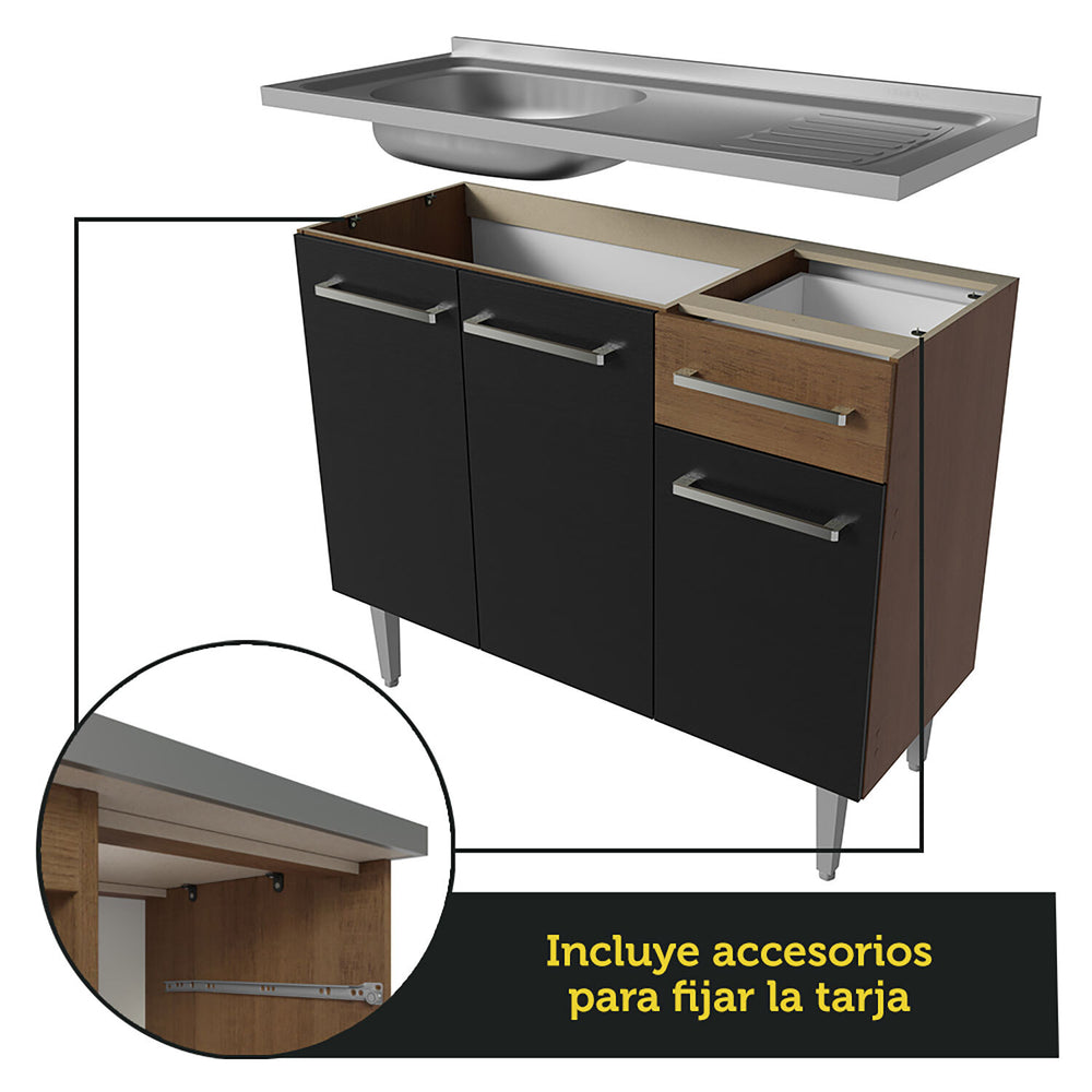 Cocina Integral 293 cm Con Fregadero Marrón/Negro Emilly Madesa