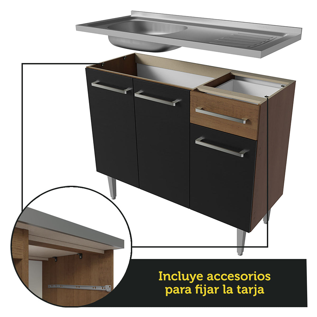 Cocina Integral 293cm con Fregadero Marrón/Negro Emilly 08