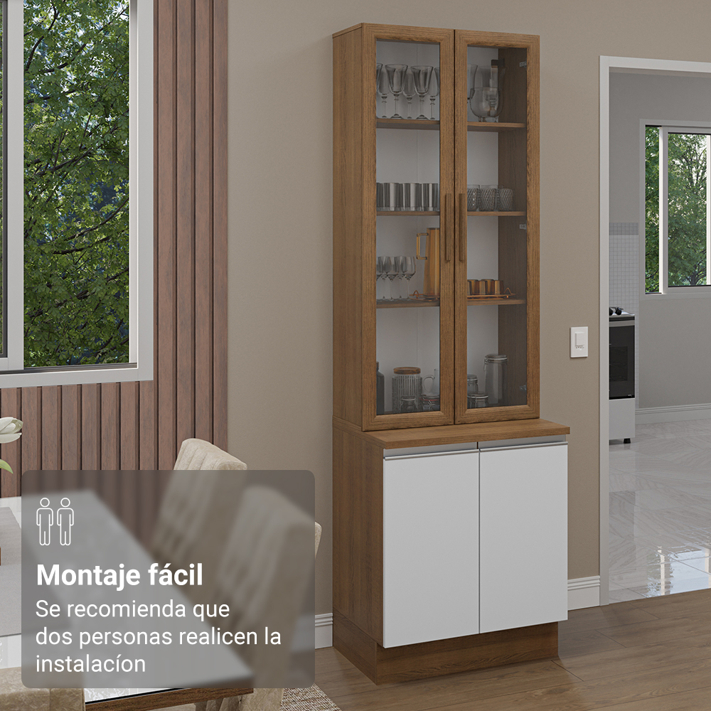 Kit Gabinete Bajo 2 Puertas y Vitrina 70 cm Marrón/Blanco Glamy Madesa