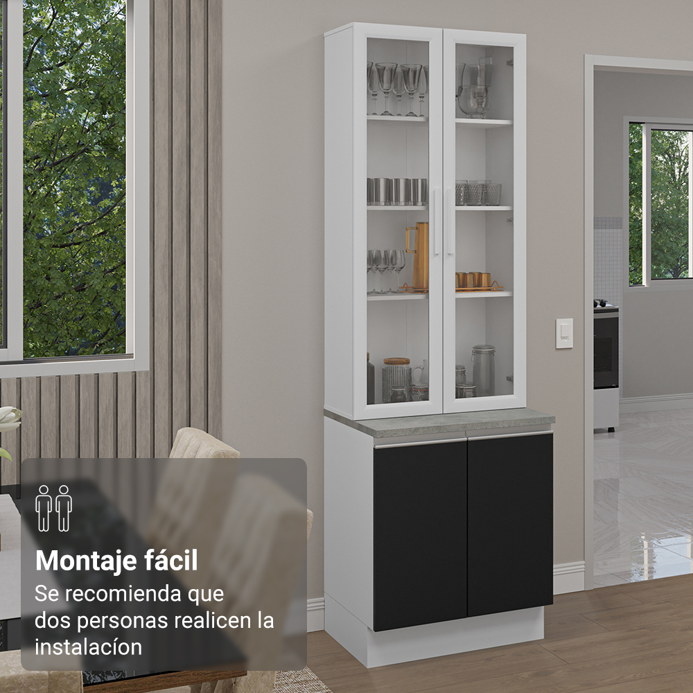 Kit Gabinete Bajo 2 Puertas y Vitrina 70 cm Blanco/Negro Glamy Madesa