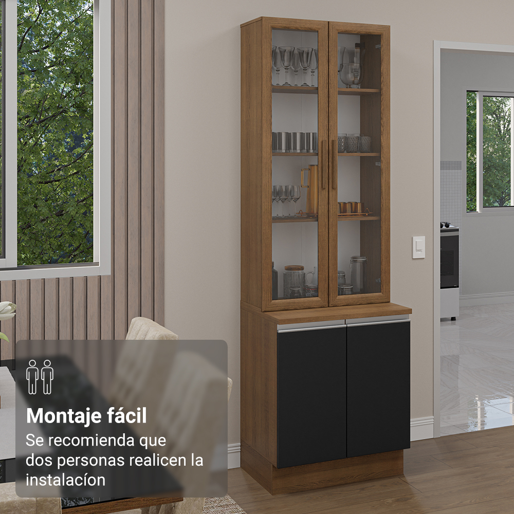 Kit Gabinete Bajo 2 Puertas y Vitrina 70 cm Marrón/Negro Glamy Madesa