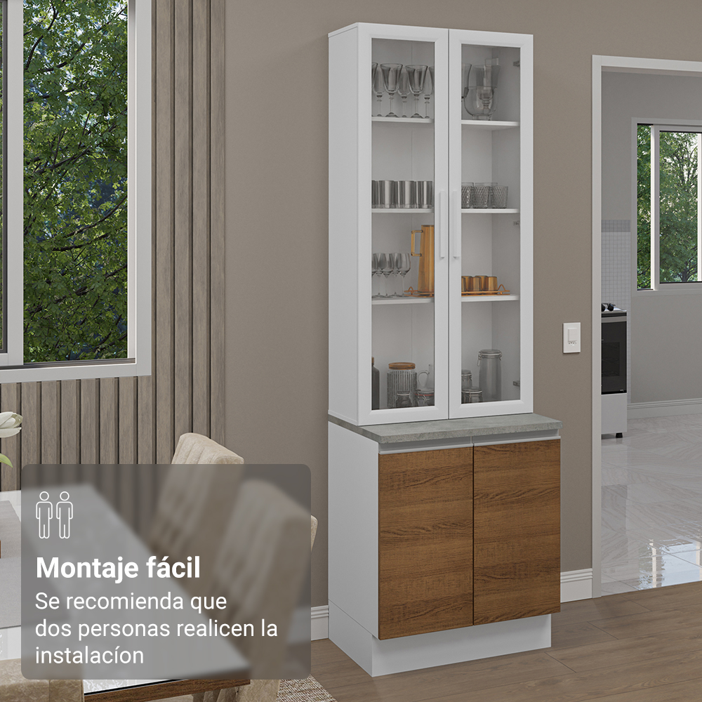 Kit Gabinete Bajo 2 Puertas y Vitrina Blanco/Marrón Glamy Madesa