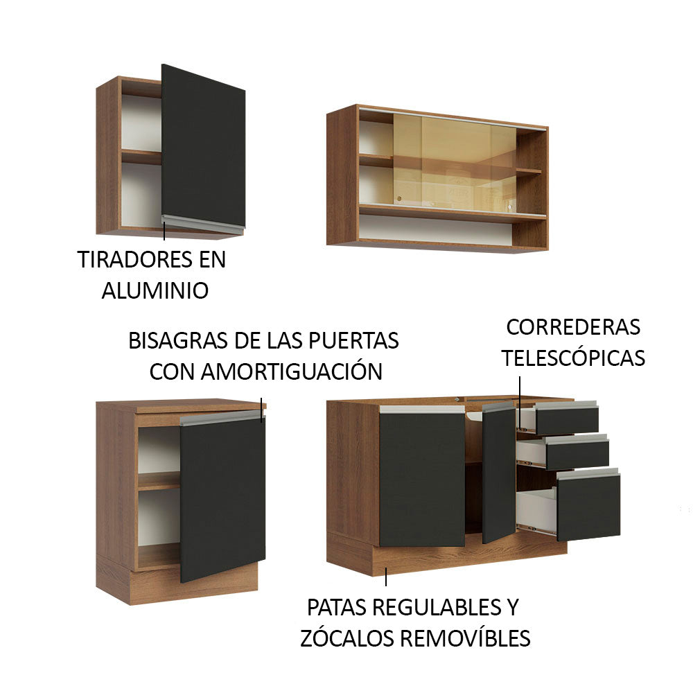 Cocina Compacta 180 x 52 cm 6 Puertas 3 Cajones Marrón/Negro Glamy Madesa 06