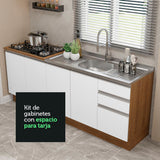 Kit con Mueble para Fregadero y Gabinete Bajo 4 Puertas y 3 Cajones (Sin Encimera Ni Fregadero) Marrón/Blanco Glamy 06