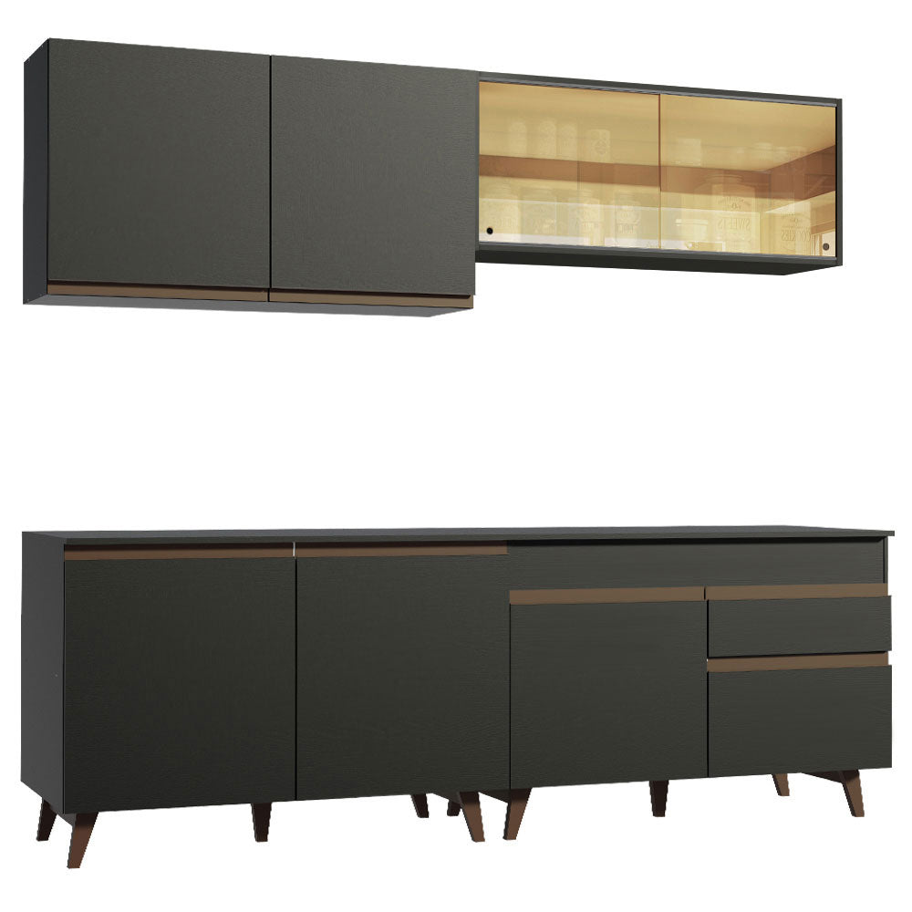 Cocina Integral 240 x 52 cm 8 Puertas 1 Cajón Negro Reims Madesa