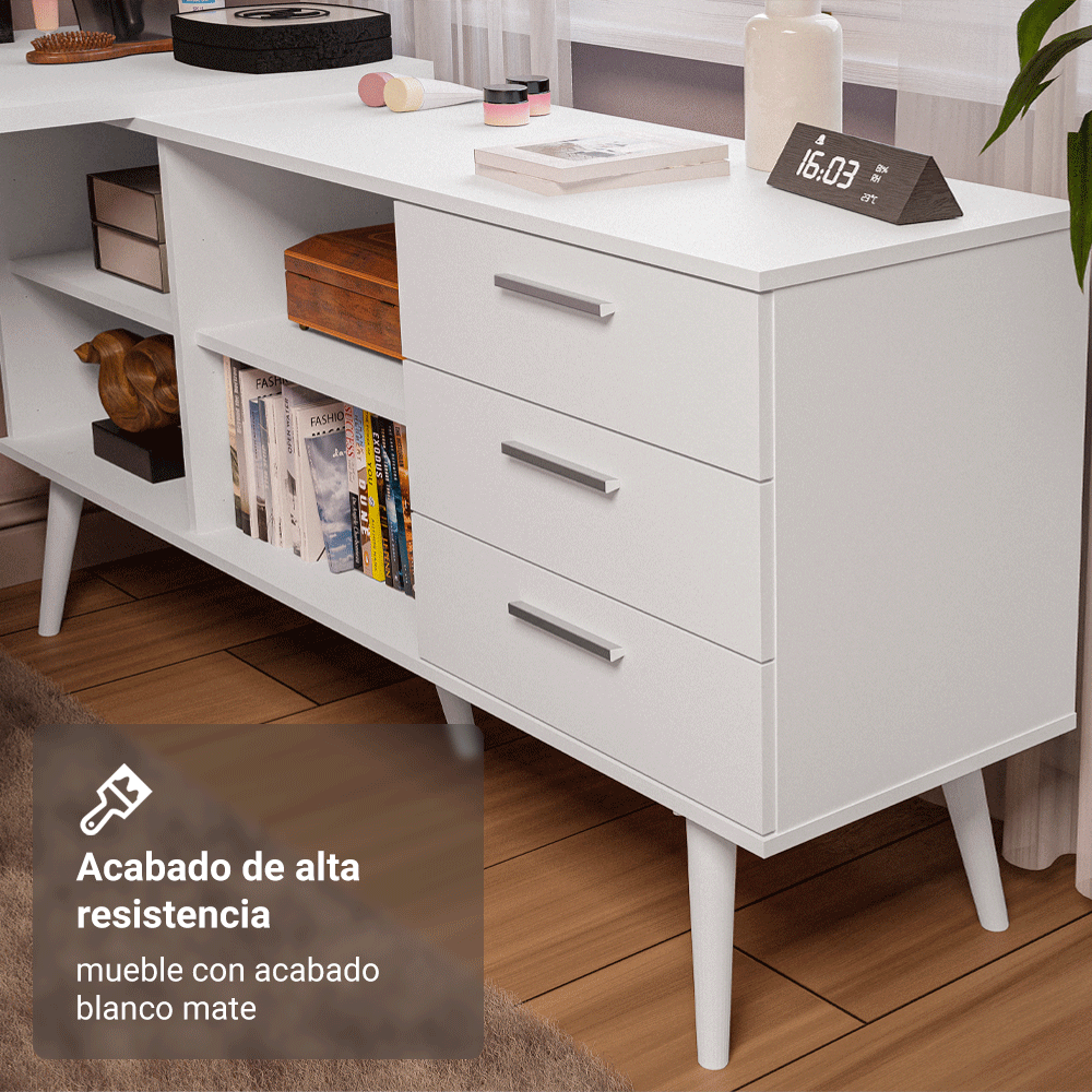 Tocador Esquinero 302 x 60 cm 3 Cajones Blanco Madesa