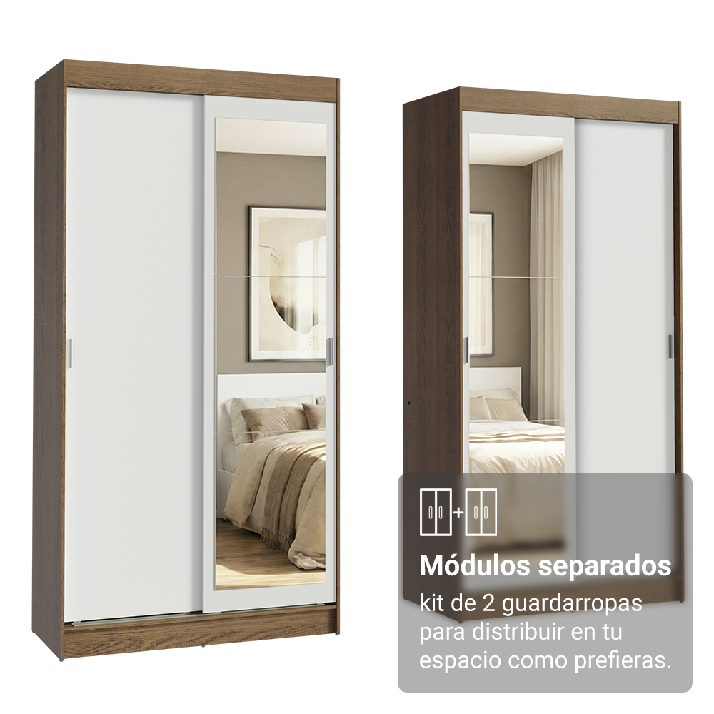 Conjunto de 2 Clósets 4 Puertas Corredizas con 2 Espejos Marrón/Blanco Tokio Madesa