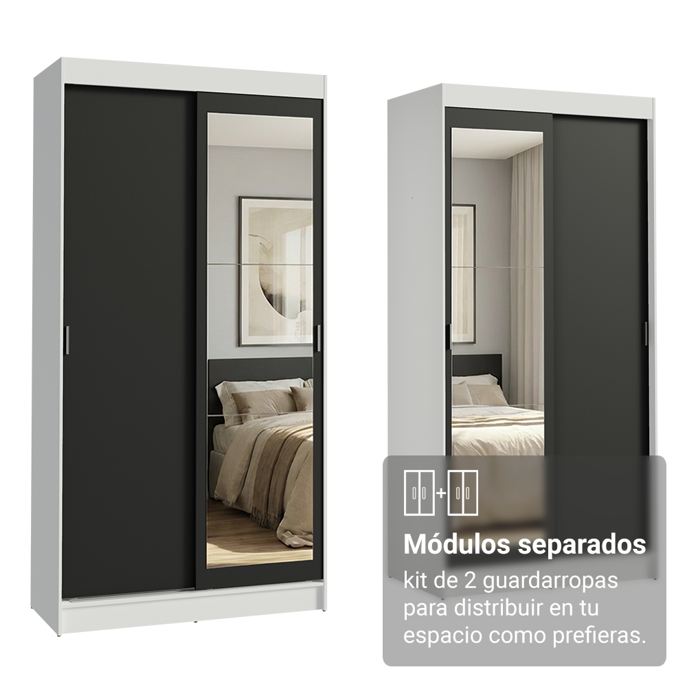 Conjunto de 2 Clósets 4 Puertas Corredizas con 2 Espejos Blanco/Negro Tokio Madesa