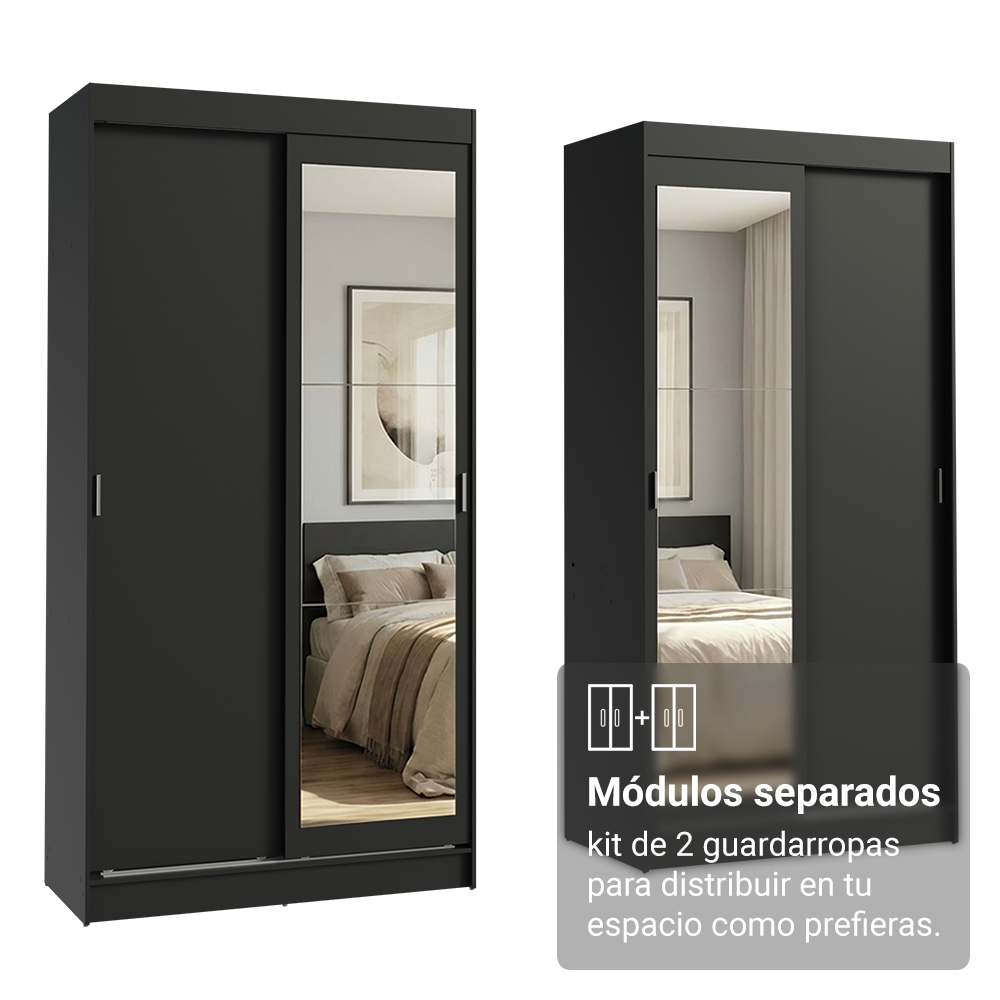 Conjunto de 2 Clósets 4 Puertas Corredizas con 2 Espejos Negro Tokio Madesa