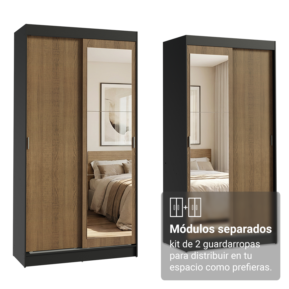 Conjunto de 2 Clósets 4 Puertas Corredizas con 2 Espejos Negro/Marrón Tokio Madesa