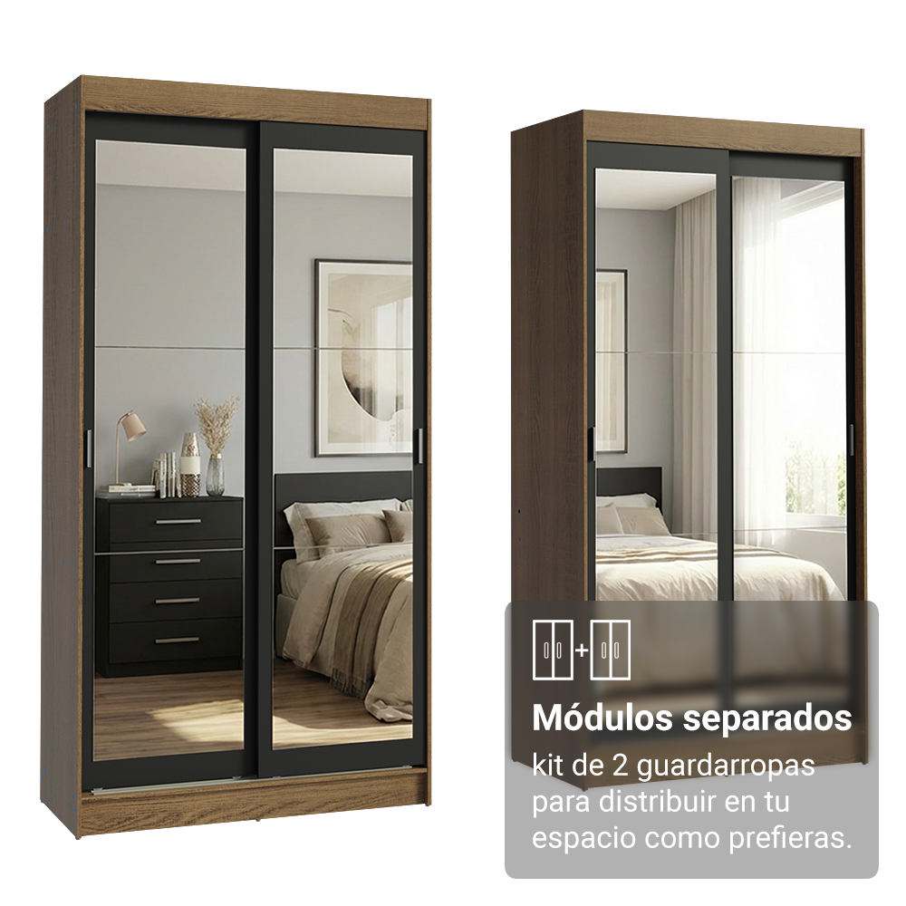 Conjunto de 2 Clósets 4 Puertas Corredizas con 4 Espejos Marrón/Negro Tokio Madesa