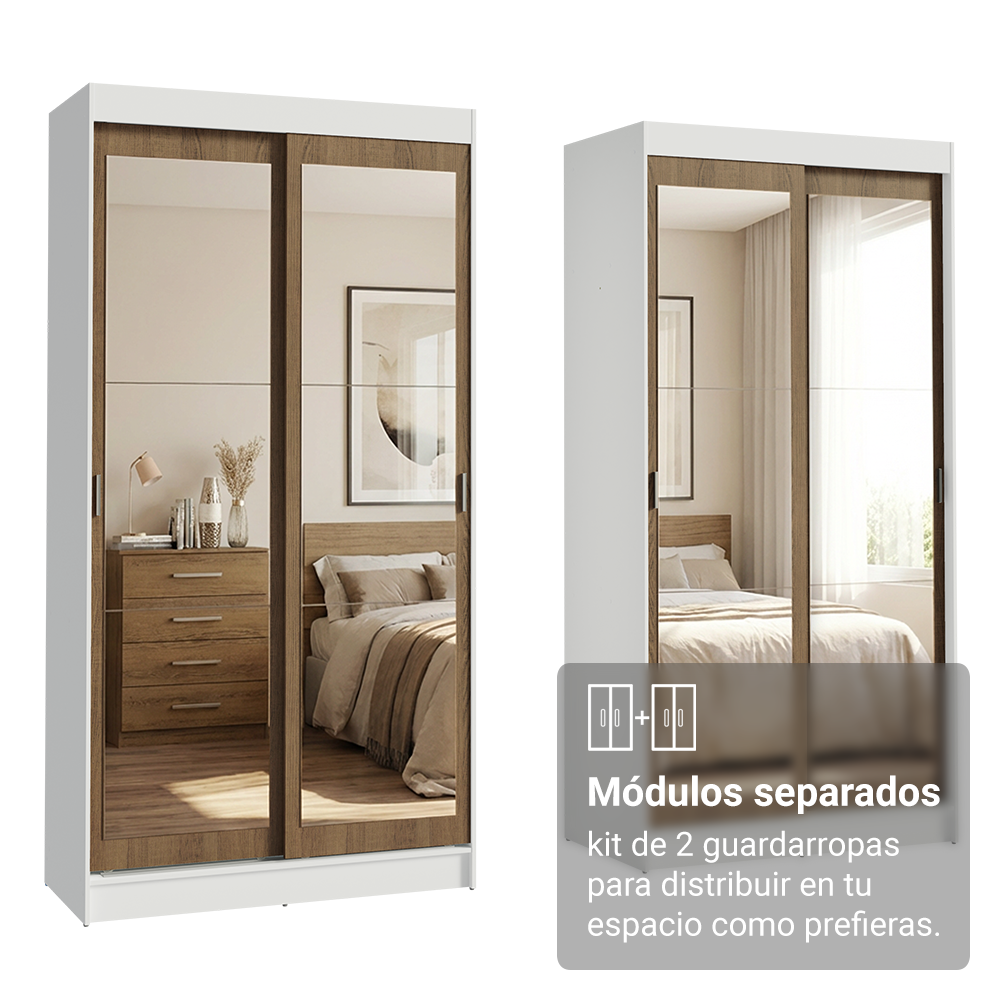 Conjunto de 2 Clósets 4 Puertas Corredizas con 4 Espejos Blanco/Marrón Tokio Madesa