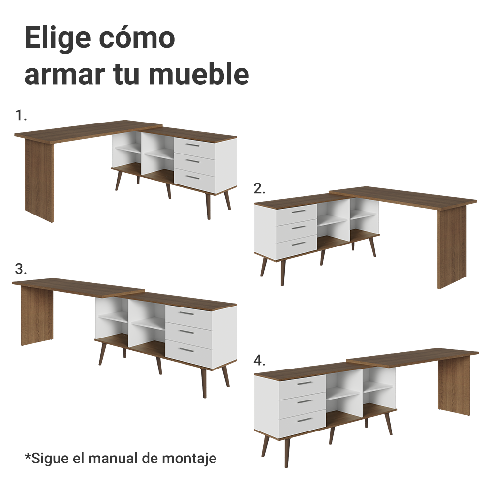 Kit 2 Piezas con Escritorio Esquinero 3 Cajones y Vitrina Multiuso Marrón/Blanco