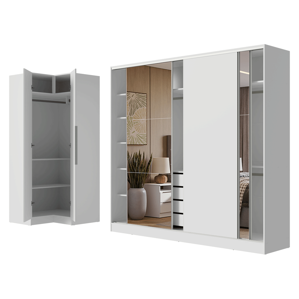 Kit Clóset Esquinero Modular y Clóset Matrimonial 3 Puertas Corredizas con 2 Espejos Blanco Neo Madesa