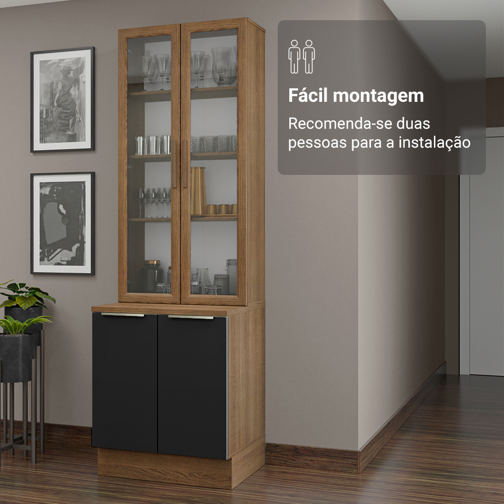 Kit Gabinete Bajo 2 Puertas y Vitrina 70 cm Marrón/Negro Lux Madesa