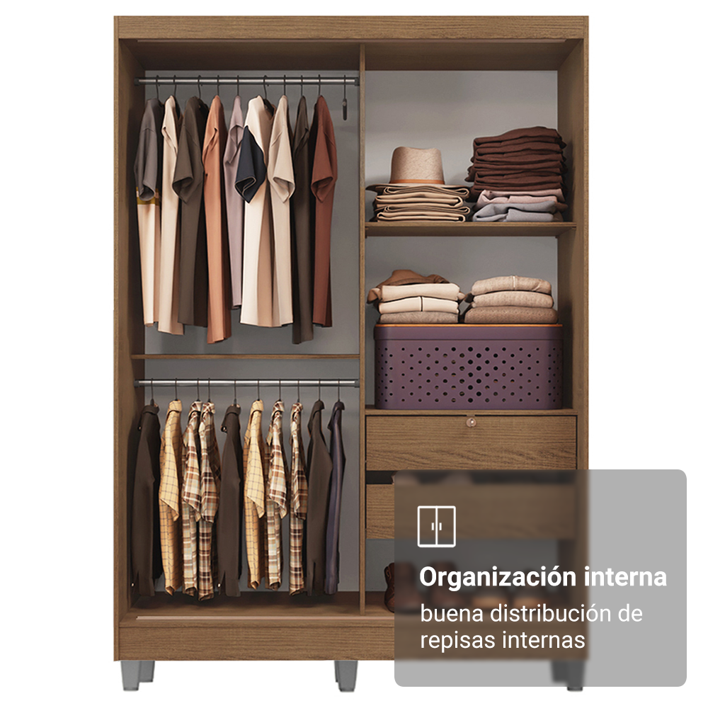 Clóset Soltero Luke 2 Puertas Corredizas 1 con Espejo y Pies - Marron
