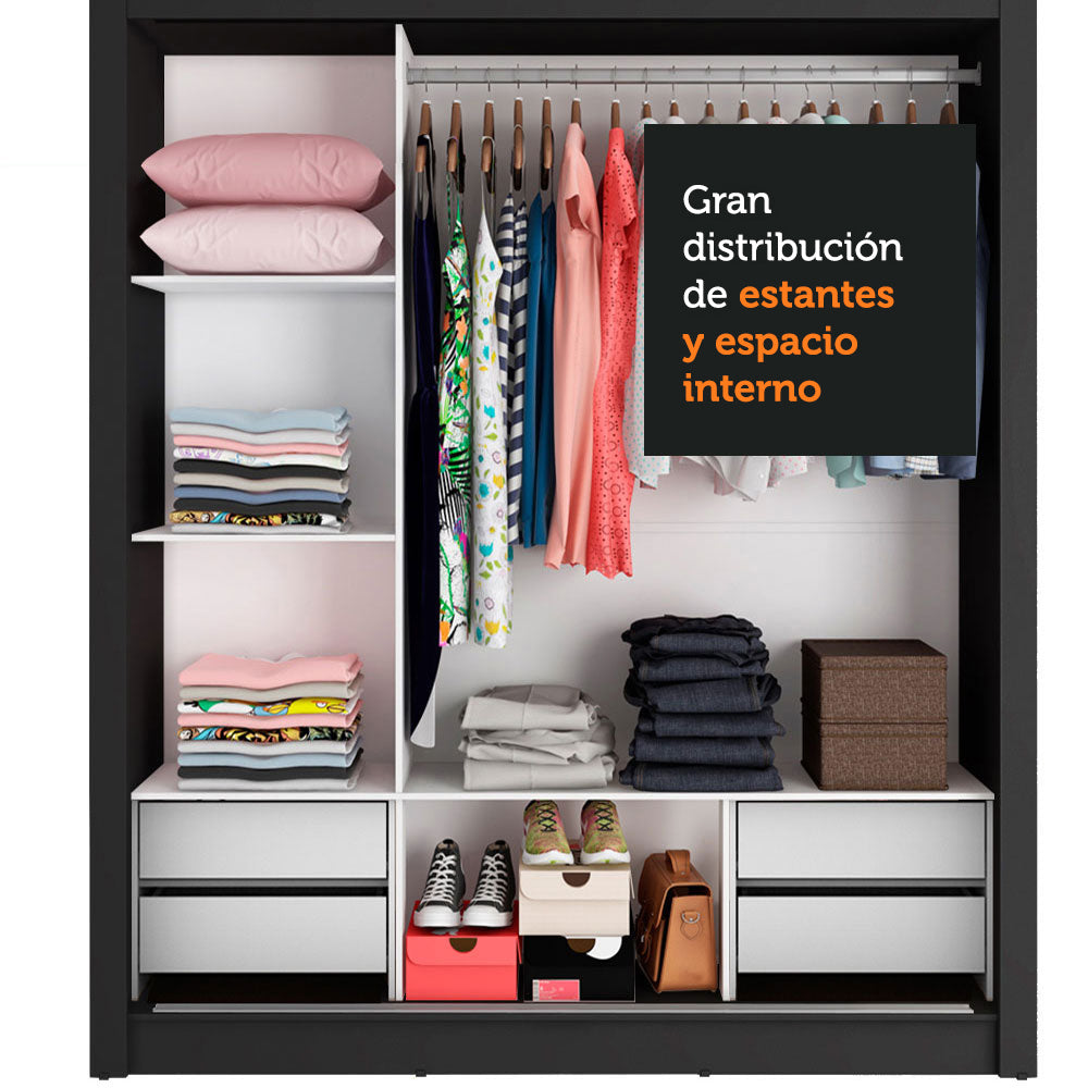 Clóset Matrimonial Lyon Plus 3 Puertas Correderas 4 Cajones Negro/Blanco