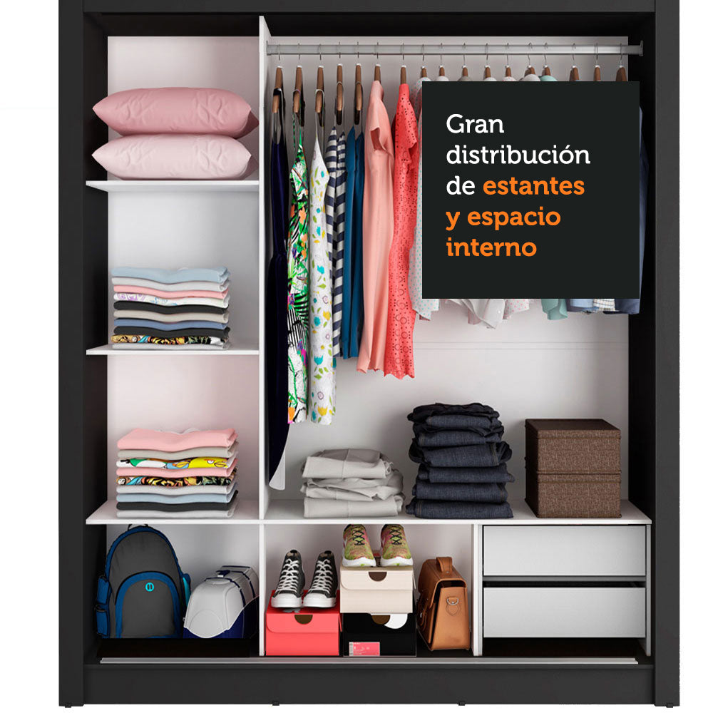 Clóset Matrimonial Lyon 3 Puertas Correderas con Espejos 2 Cajones Negro