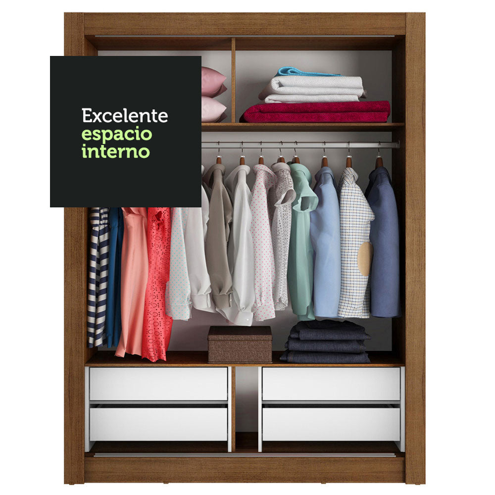 Clóset Soltero 117 cm 2 Puertas Corredizas Con 1 Espejo 4 Cajones Marrón Dallas Madesa