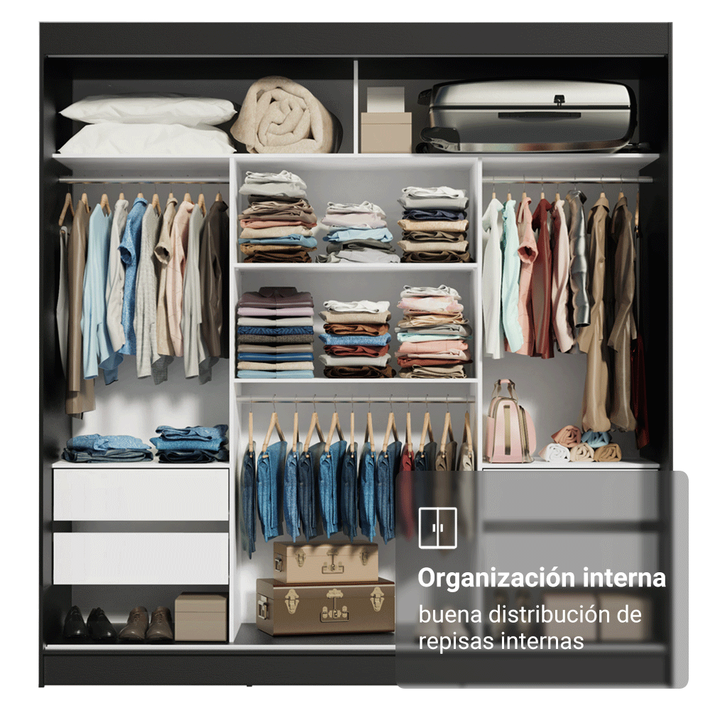 Clóset Matrimonial 3 Puertas Correderas Negro Reno