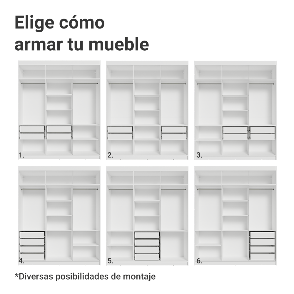 Clóset Matrimonial 180 cm 6 Puertas Con 2 Espejos 4 Cajones Blanco Venus Madesa