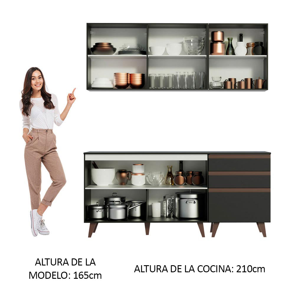 Cocina Compacta 180 x 52 cm 5 Puertas 3 Cajones Negro Reims Madesa