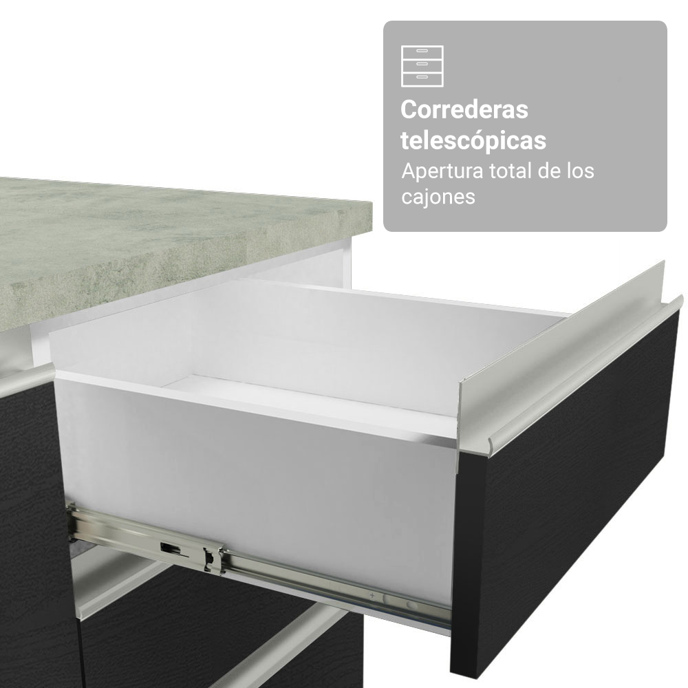 Gabinete Bajo para Fregadero con Accesorios de Cocina 120 x 60 cm 2 Puerta 3 Cajones (Con Encimera) Glamy Blanco/Negro