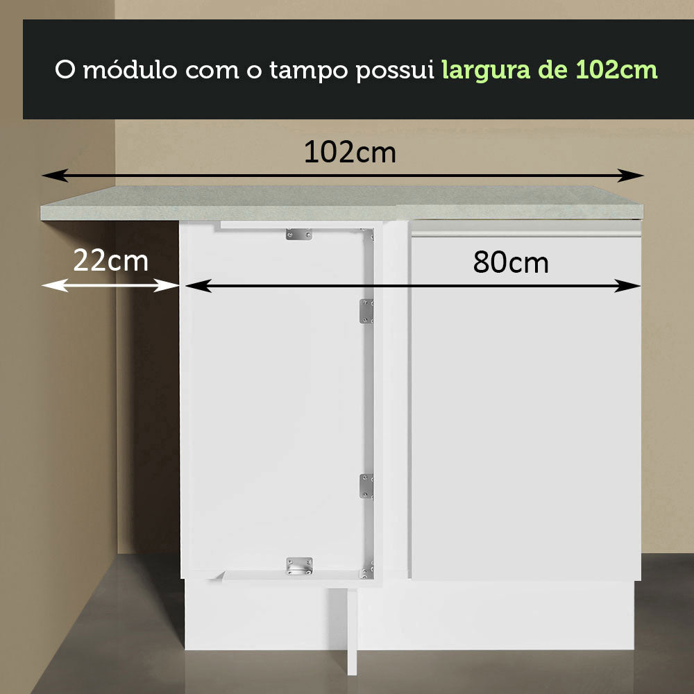 Gabinete Bajo de Esquina de Cocina 60 de Profundidad con 1 Puerta (Con Encimera) Glamy Blanco