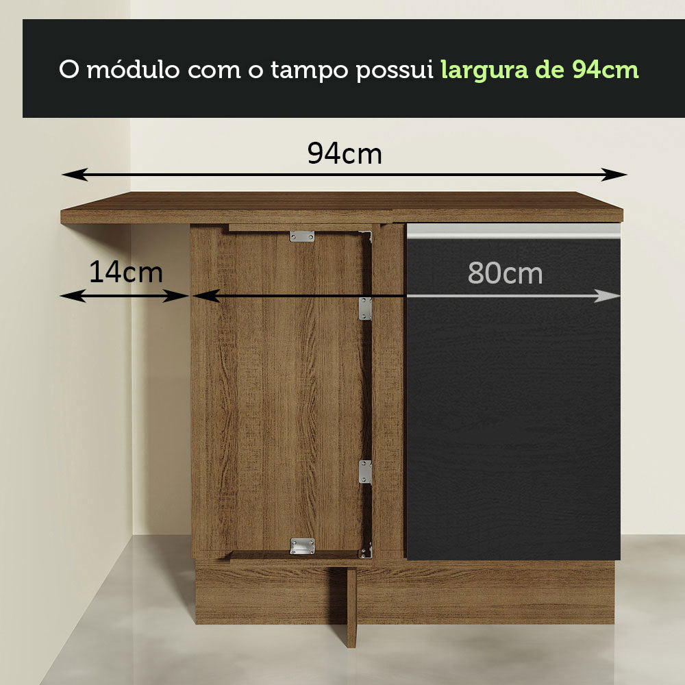 Gabinete Bajo de Esquina de Cocina 60 de Profundidad con 1 Puerta (Sin Encimera) Glamy Marrón/Negro