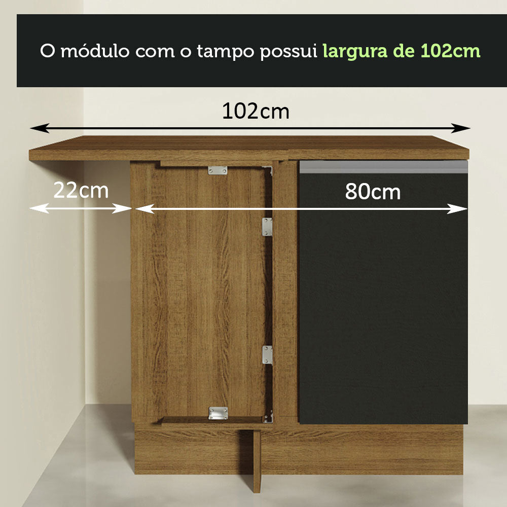 Gabinete Bajo de Esquina de Cocina 60 de Profundidad con 1 Puerta (Con Encimera) Glamy Marrón/Negro