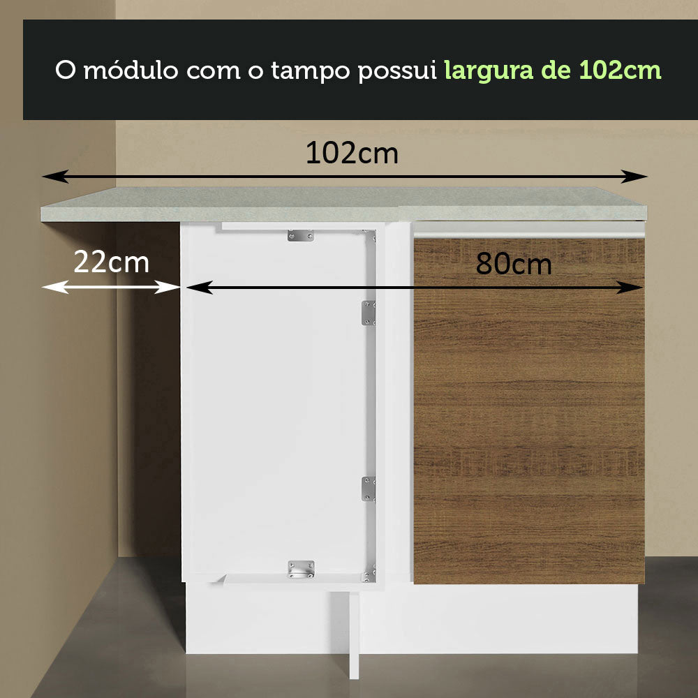 Gabinete Bajo de Esquina de Cocina 60 de Profundidad con 1 Puerta (Con Encimera) Glamy Blanco