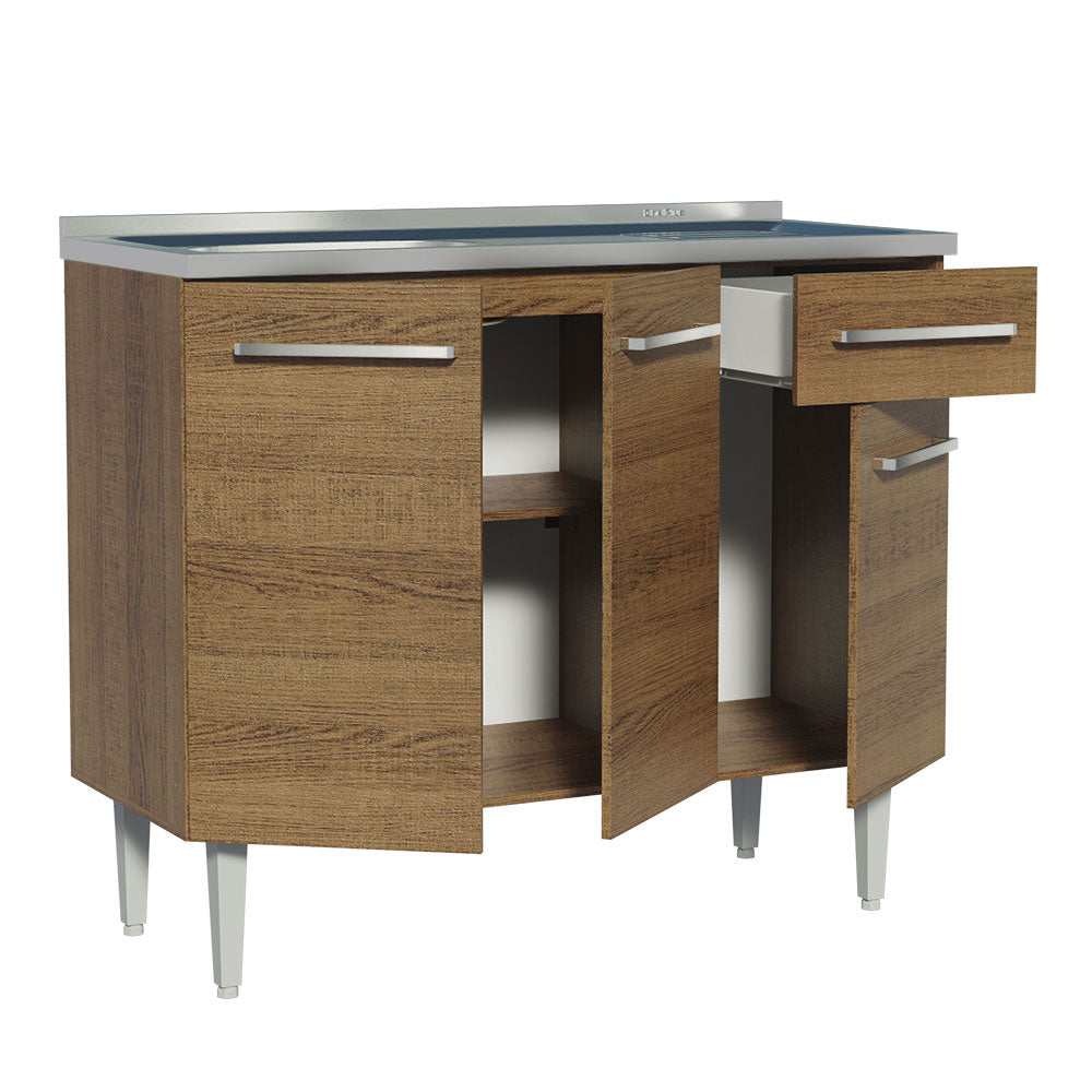 Mueble de Cocina 3 Puertas y 1 Cajón 105cm con Fregadero Marrón Emilly