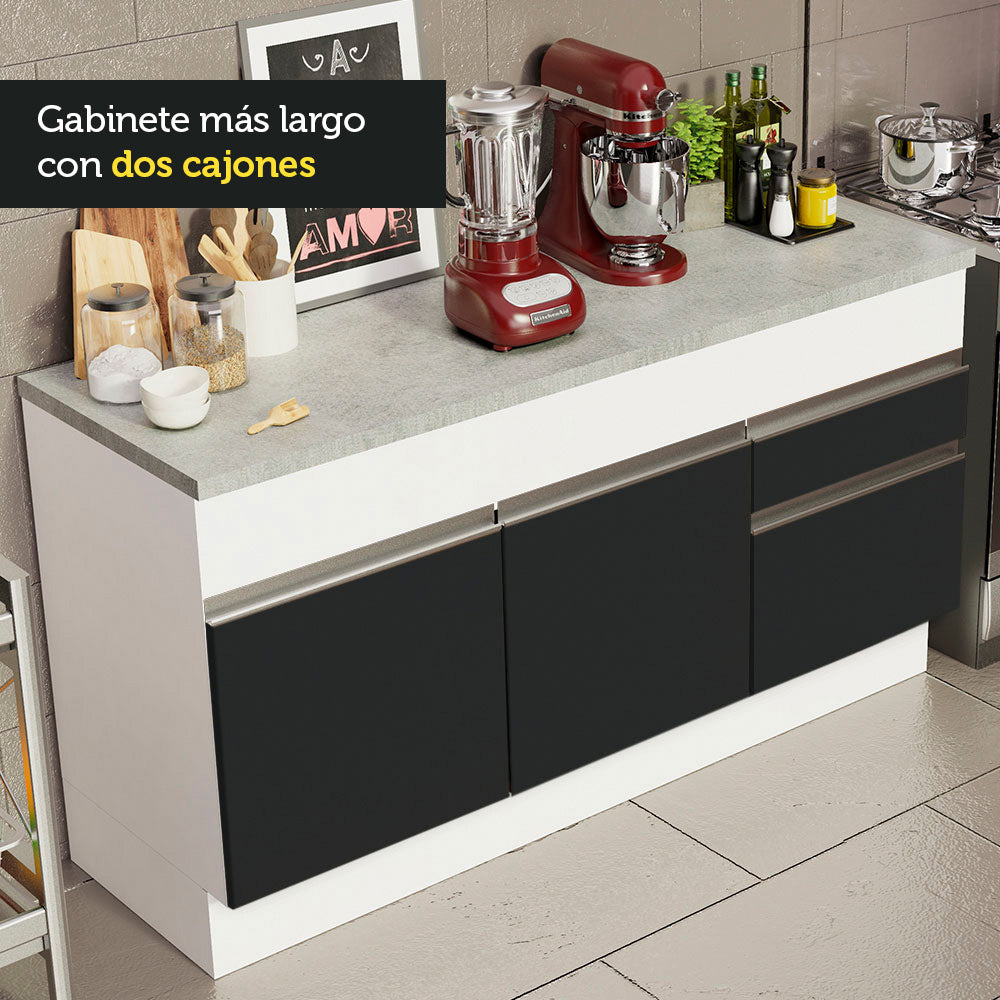 Gabinete Bajo para Fregadero 150 cm 2 Puertas y 2 Cajones (Con Encimera) Glamy Blanco/Negro