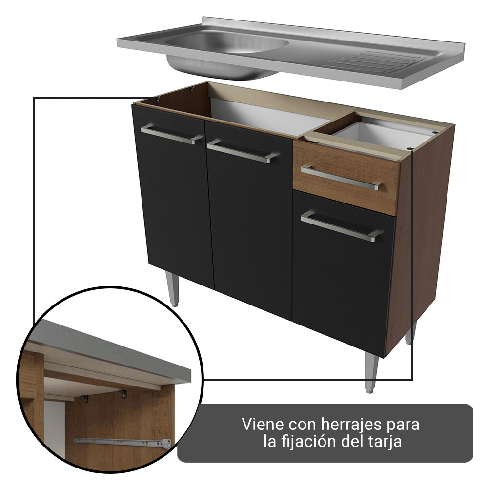 Cocina Integral 293 cm Con Fregadero Marrón/Negro Emilly Madesa