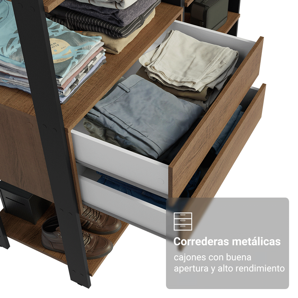Clóset Abierto 129 cm 2 Cajones Marrón/Negro Valencia Madesa